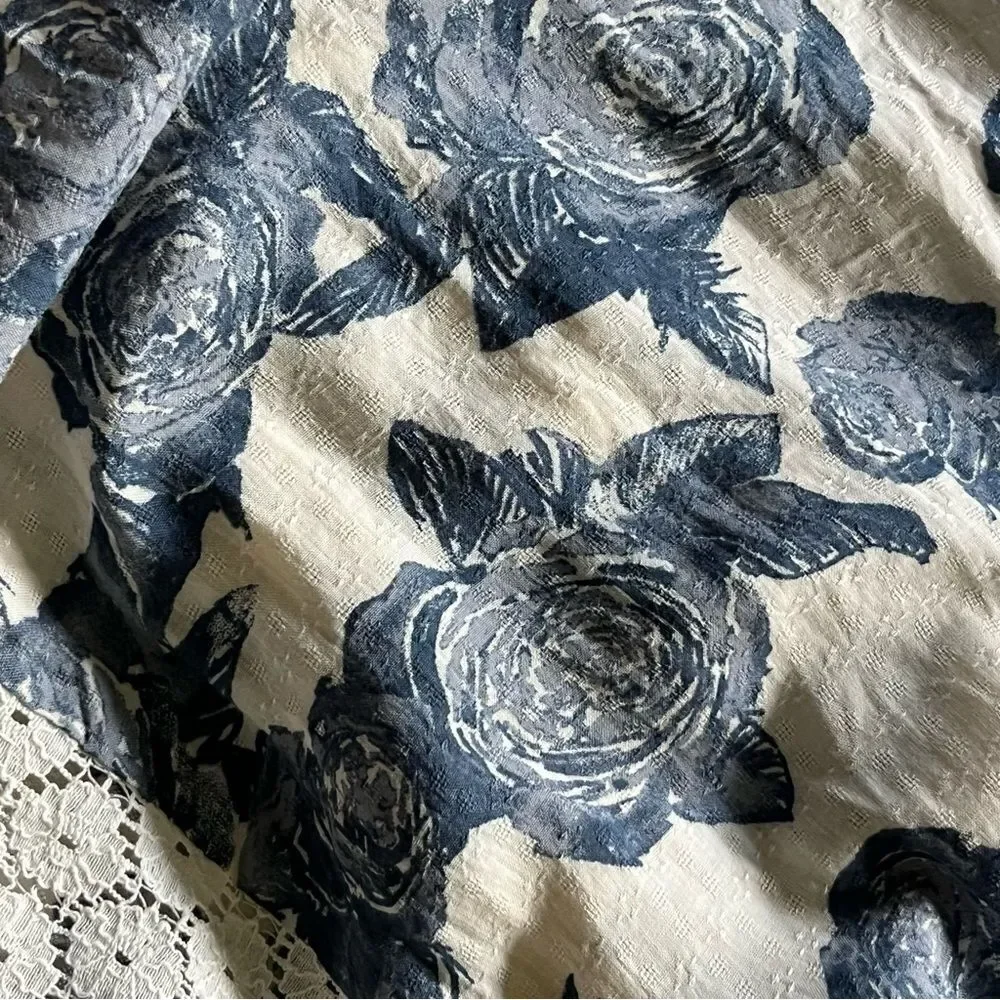 Free People Moon River Floral Peasant Top Blue Ivory Lace Oversized